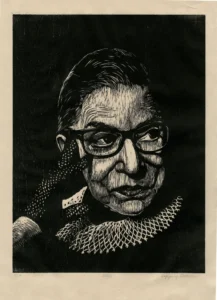 Ruth Bader Ginsberg, 2021, woodcut, by Julie Lapping Rivera