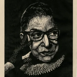 Ruth Bader Ginsberg, 2021, woodcut, by Julie Lapping Rivera