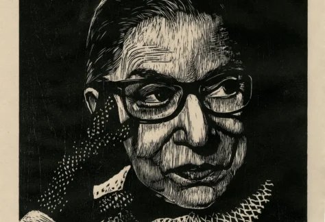 Ruth Bader Ginsberg, 2021, woodcut, by Julie Lapping Rivera