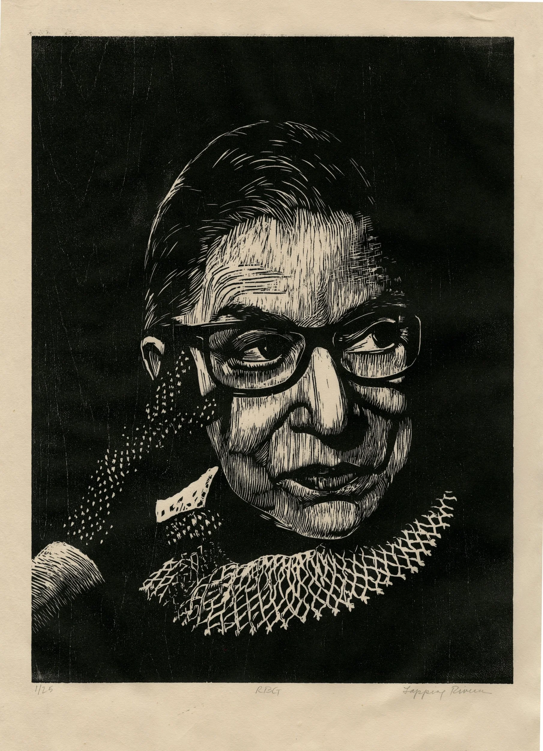 Ruth Bader Ginsberg, 2021, woodcut, by Julie Lapping Rivera